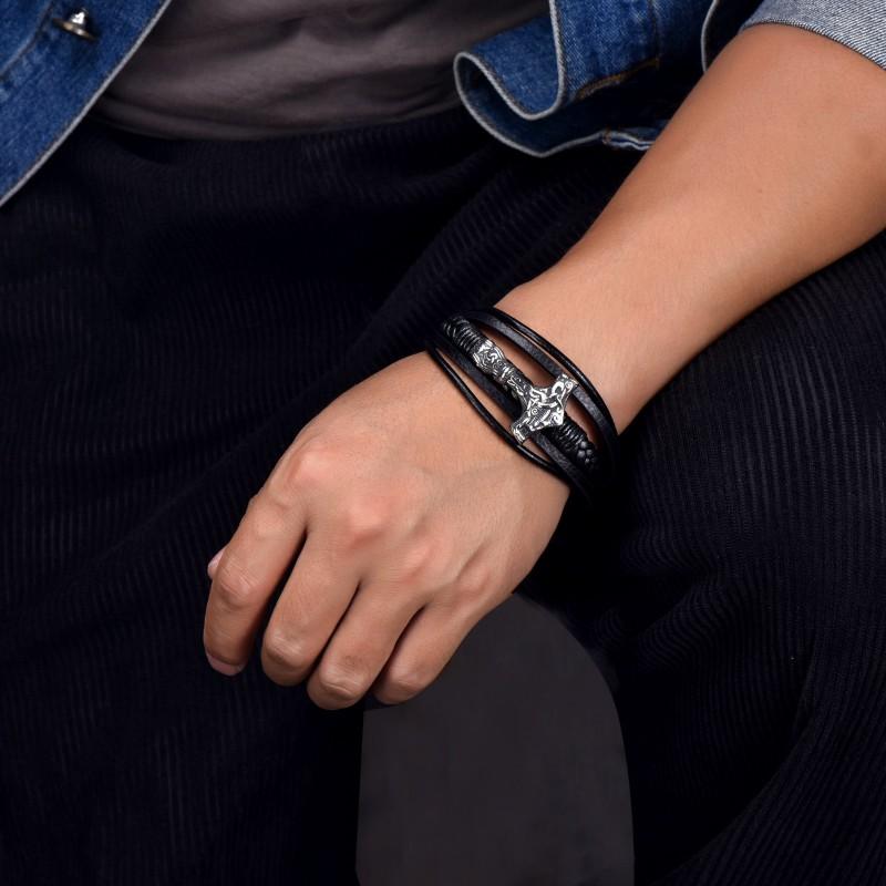 Stainless Steel Leather Woven Bracelet Men Nordic Viking Style Geometric Design Polished Finish