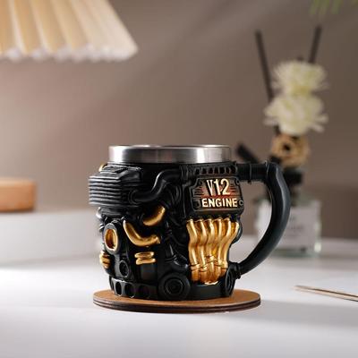 V12 Motor Design Rostfritt Stål Harts Kaffekopp Unik 3D Te Mugg För Bilentusiaster För Hemmet & Kontoret