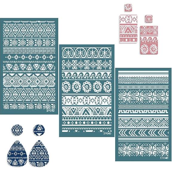 Silk Screen Stencil for Clay, Durable Boho Pattern Printing Kit DIY Craft Jewelry, Clay Silk Screen for Earrings Decoration, 3 PCS Each 5.9" X 3.5"