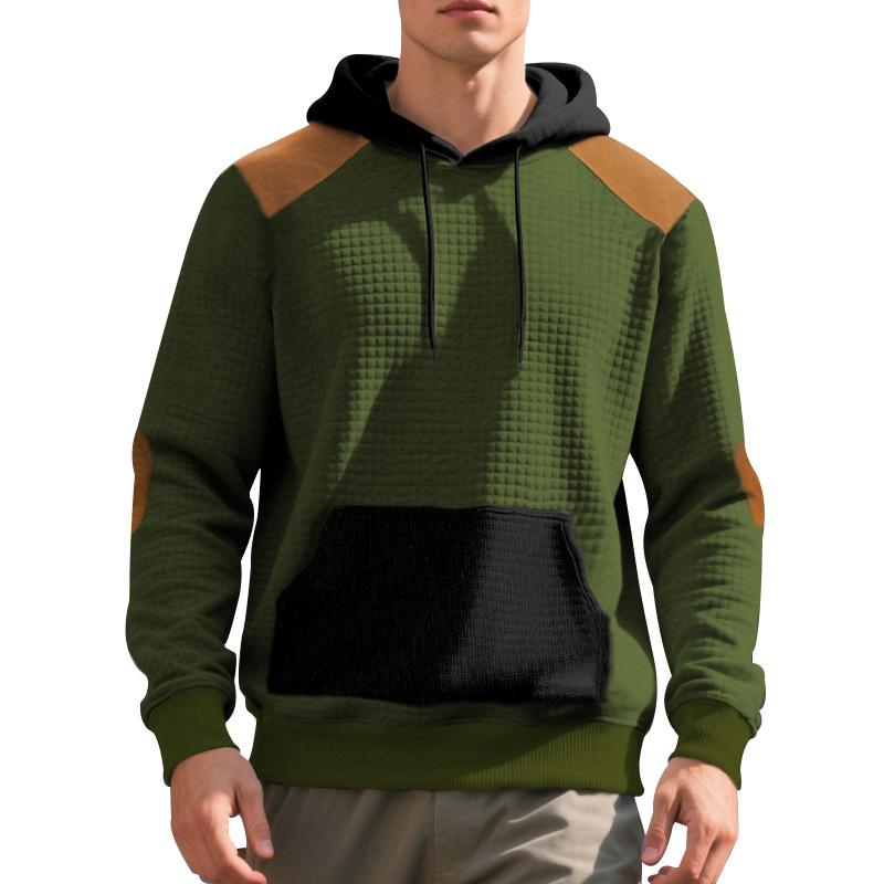 Mens Casual Loose Plaid Color Block Hooded Pullover Sweatshirt With Large Pockets