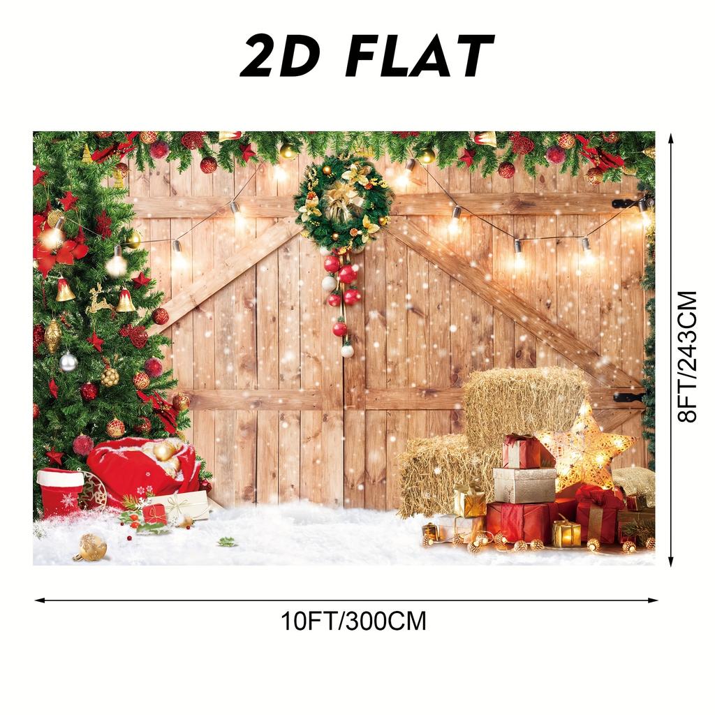 Świąteczny wystrój farmy Rustykalne tło fotograficzne z motywem drzwi stodoły z czerwonymi i złotymi ozdobami, choinkami, świąteczny wystrój do studia fotograficznego, na imprezę