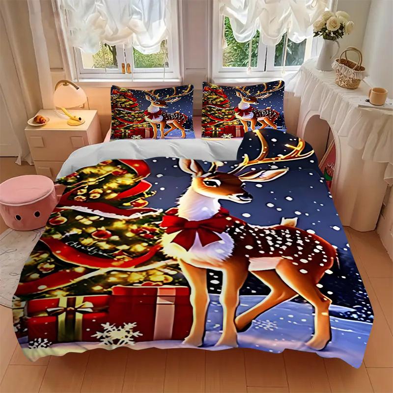 3pcs Christmas Deer Bedding Set with Red Bow - Festive Decor for Bedroom and Guest Room - Includes One Quilt Cover and Two Pillowcases (No Core) - Ani