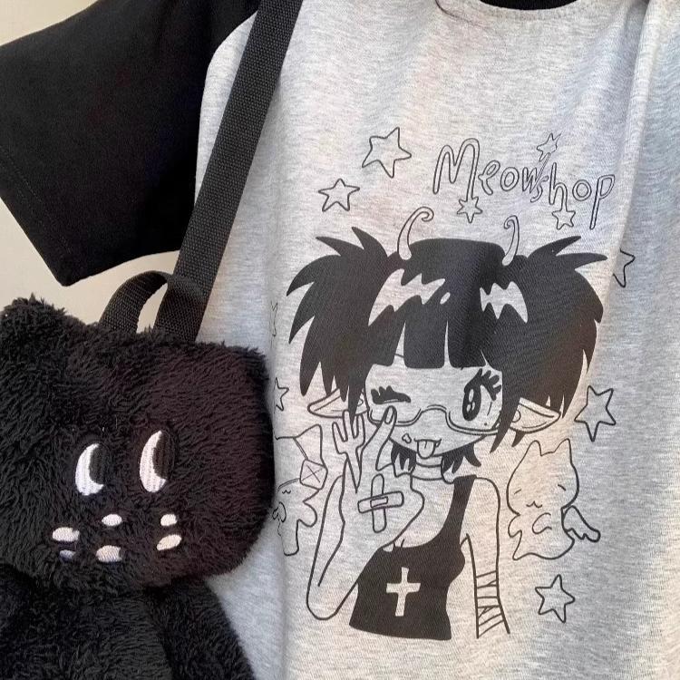 Mode Sommer Damen reine Baumwolle T-Shirt Damen y2k Oberteile T-Shirts Kurzarm Lässig übergroß junges Mädchen Japanisch niedlich Cartoon Anime Damen T-Shirts