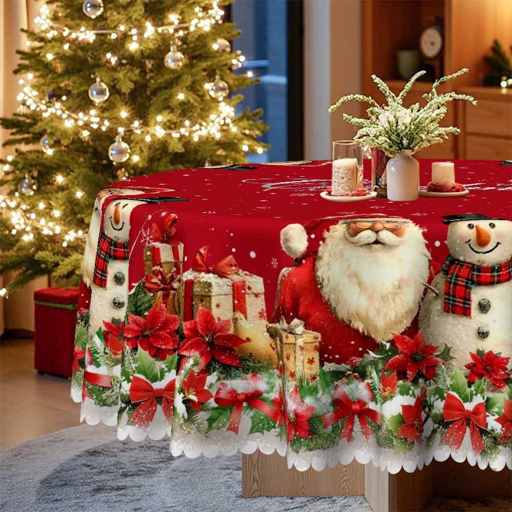 Christmas Red Tablecloth, Snowman Gift Berry Bow, Holiday Table Decorative Cloth, Home Table Cloth