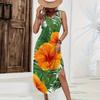 Women Sleeveless Long Dress Casual Loose Fit Hawaiian Print Maxi Dress Summer Beachwear Side Slit Sleeveless Sundress