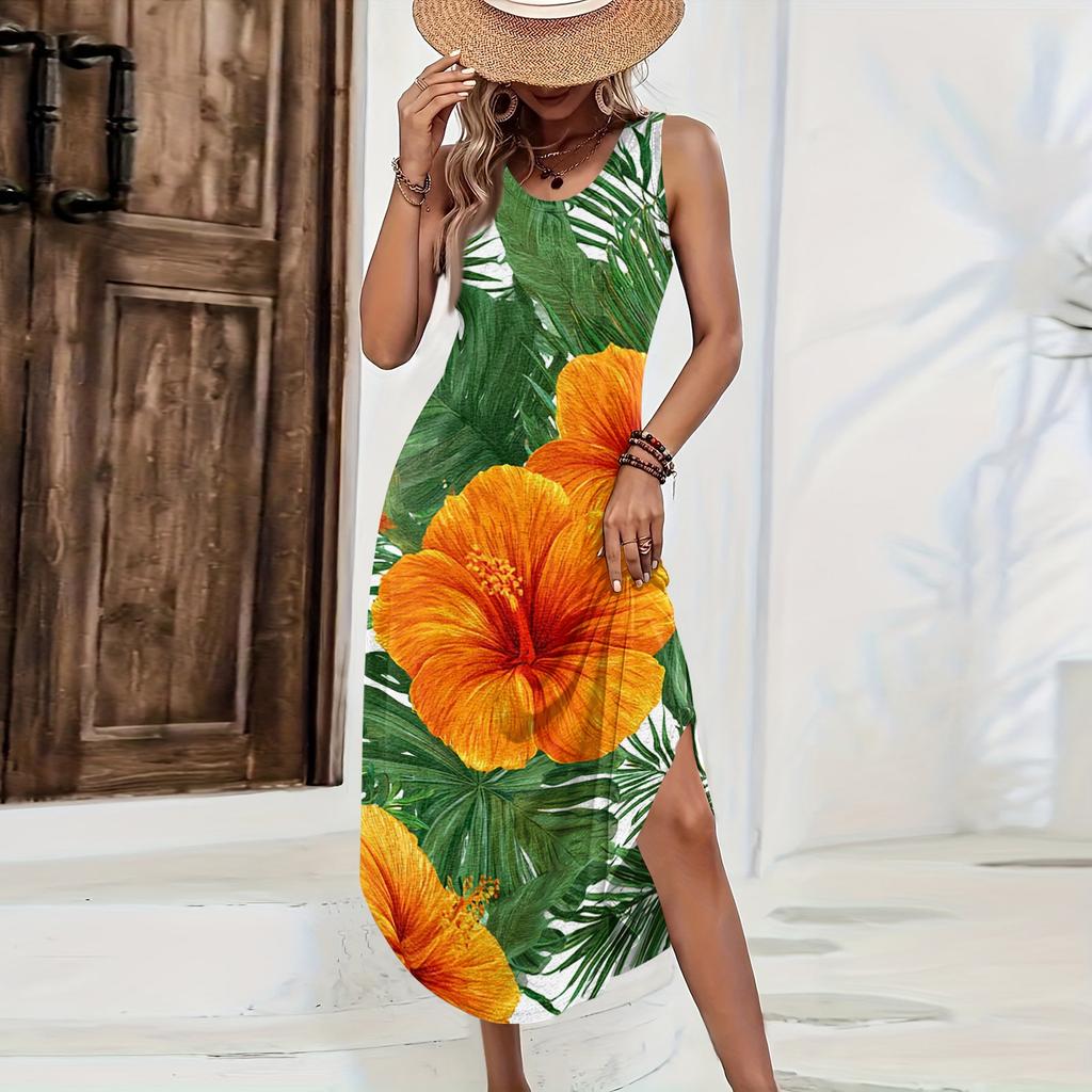 Women Sleeveless Long Dress Casual Loose Fit Hawaiian Print Maxi Dress Summer Beachwear Side Slit Sleeveless Sundress