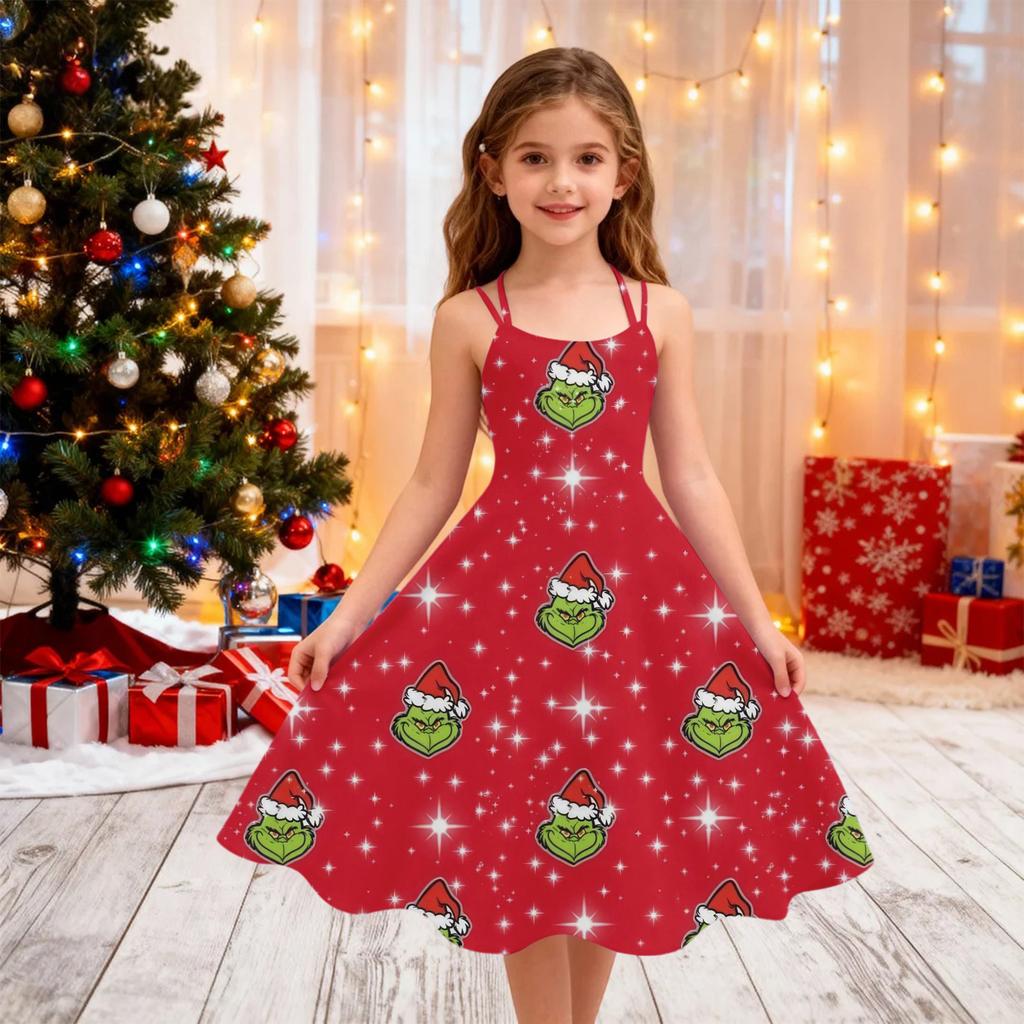 Children's Fashion Casual Christmas Print Off-Shoulder Punk Vintage Dress