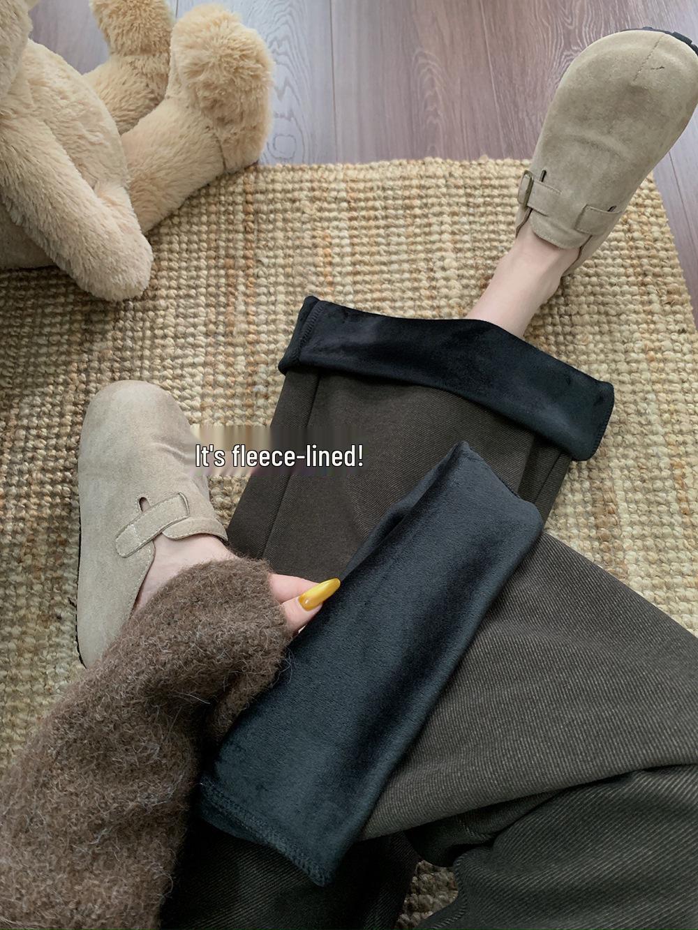 

Women s Fleece-Lined Coffee Wool Winter Retro High-Waisted Wide-Leg Pants Small