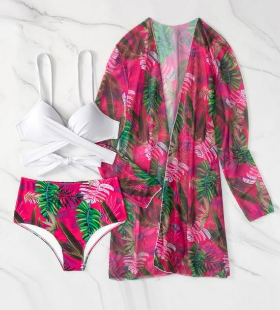 

Женский комплект из трех предметов: сетчатое бикини и пляжная накидка XL розы красного