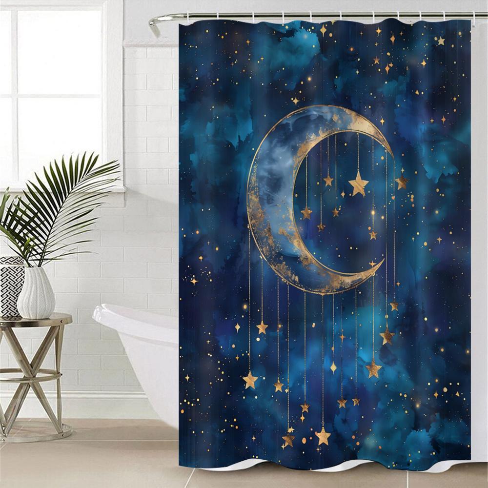 Starry Night Moon Shower Curtain – Crescent & Stars Print, Polyester with No-Drill Hooks for Celestial-Themed Bathroom Decor