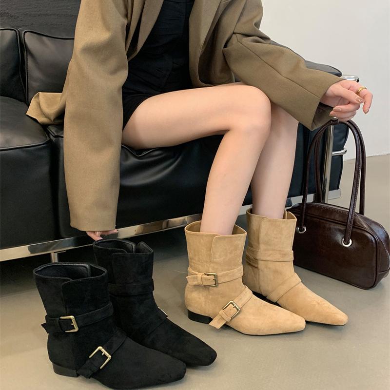 Fashion Vintage Women Slimming Ankle Boots Fashion Belt Buckle Female Concise Low Heel Short Booties