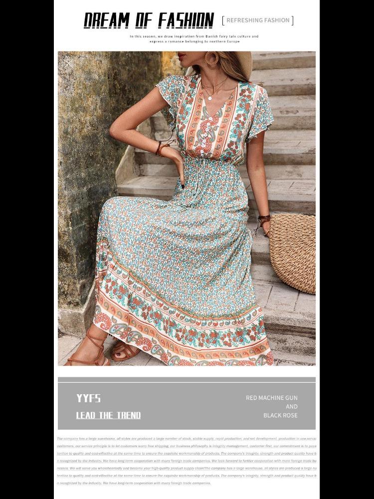 Women Retro Slim Fit Long Print Dress European American Style Summer Green