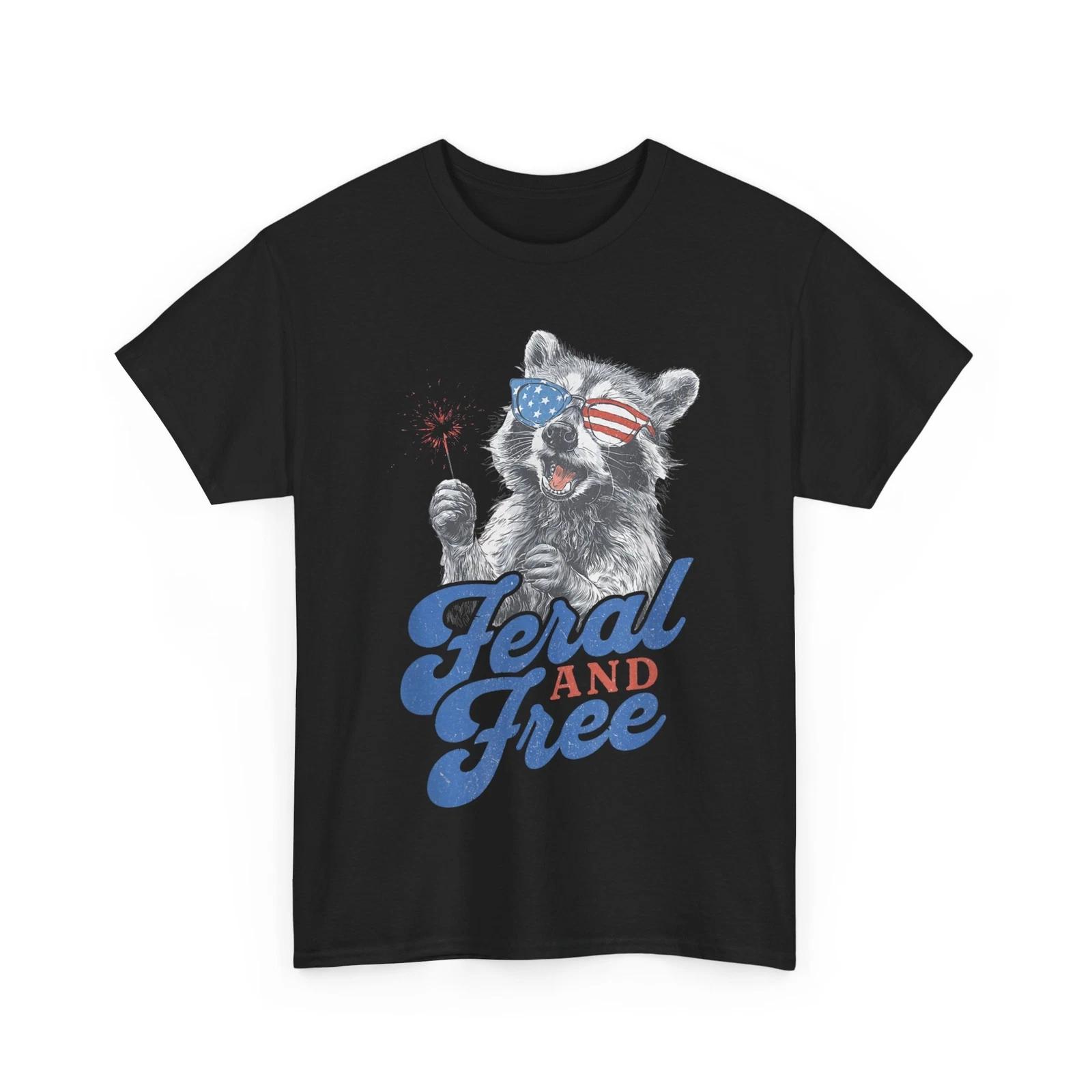 Raccoon 4th of July Feral & Free American Flag Patriotic T-Shirt 4XL