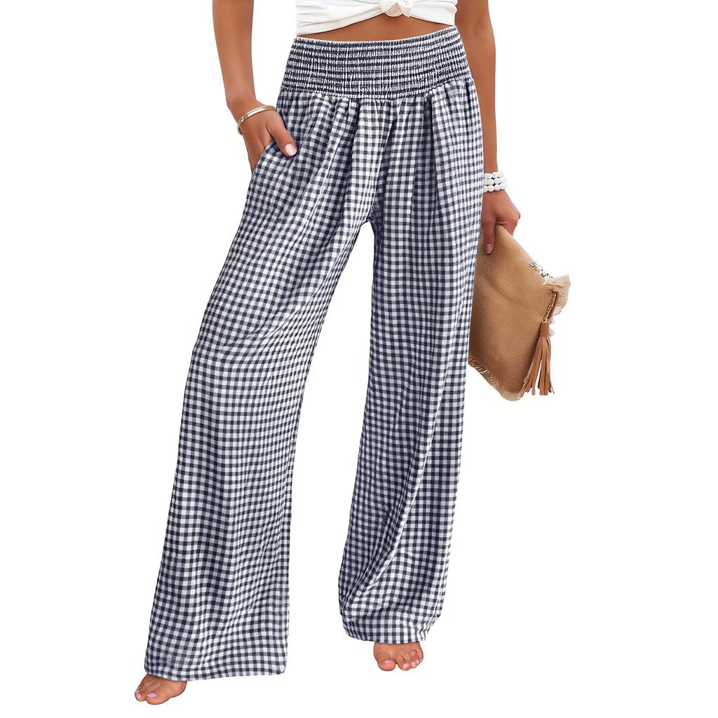 Women's Fashion Loose Pleated Elastic Waistband Pocket Tartan Casual Pants