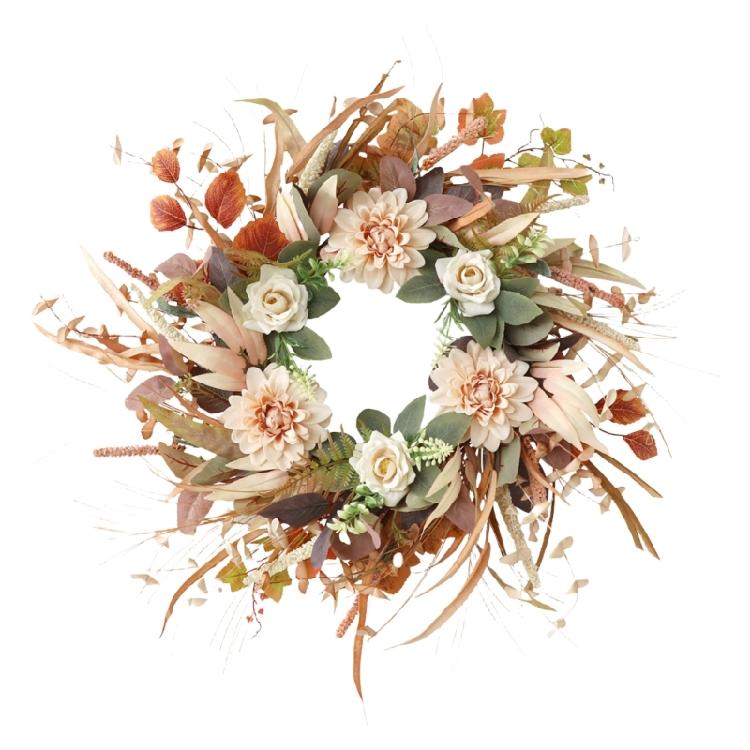 Cremefarbener Kaffeefarbener Kranz für die Haustür Handgefertigter künstlicher Blumenkranz mit leuchtenden Blüten und Blattwerk für Dekorationen