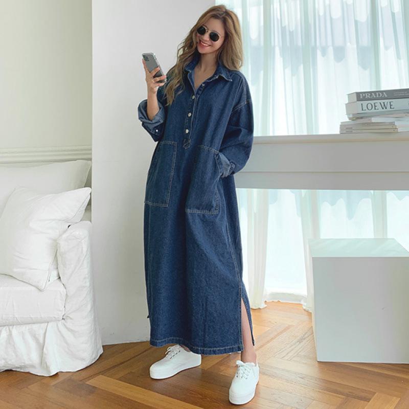 Retro Korean Loose-Fit Denim Lapel Dress - Plus Size, Age-Reducing Chic (2026)