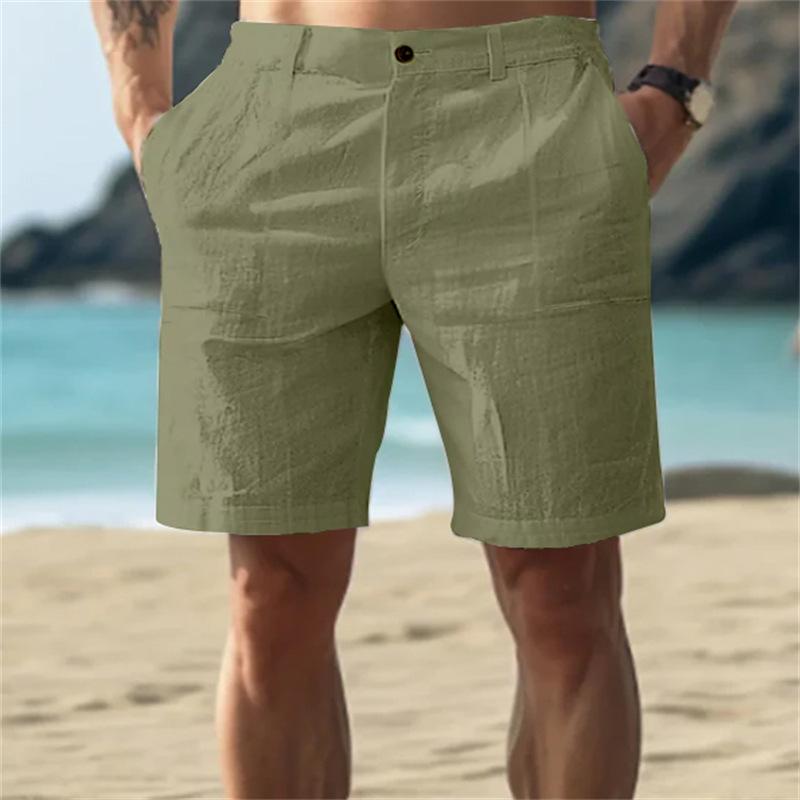 Men's Summer New Linen Beach Breathable Straight Casual Shorts Solid Color Loose Vacation Style Five-point Pants