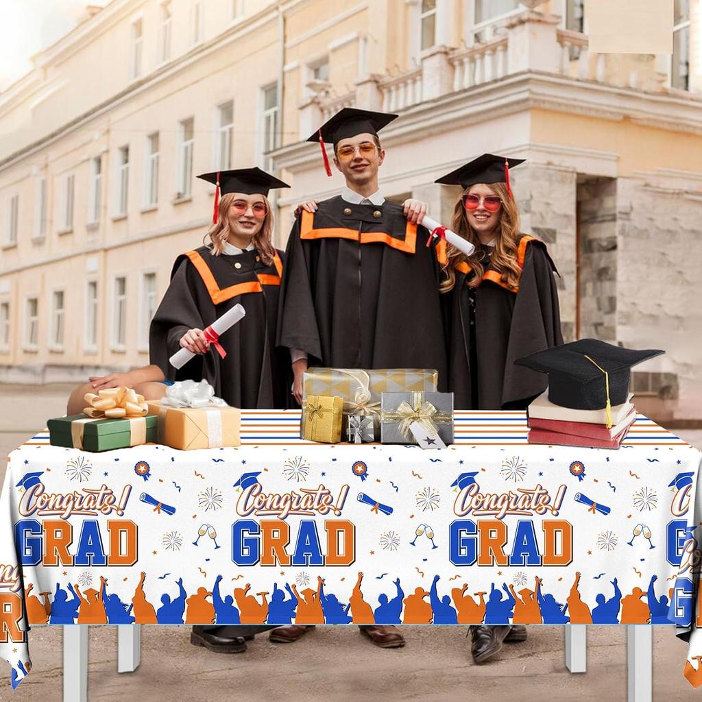CMUSKO Graduation Tablecloth, 3Pcs Orange and Blue Graduation Decorations Rectangular Tablecloth, Congrats Grad Table Cover Decorations for Class of
