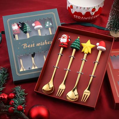 4PCS/6PCS Christmas Gift Cutlery Spoon Fork Set Elk Christmas Tree Decoration Dessert Spoon Fruit Fork Coffee Spoon Cutlery Gift