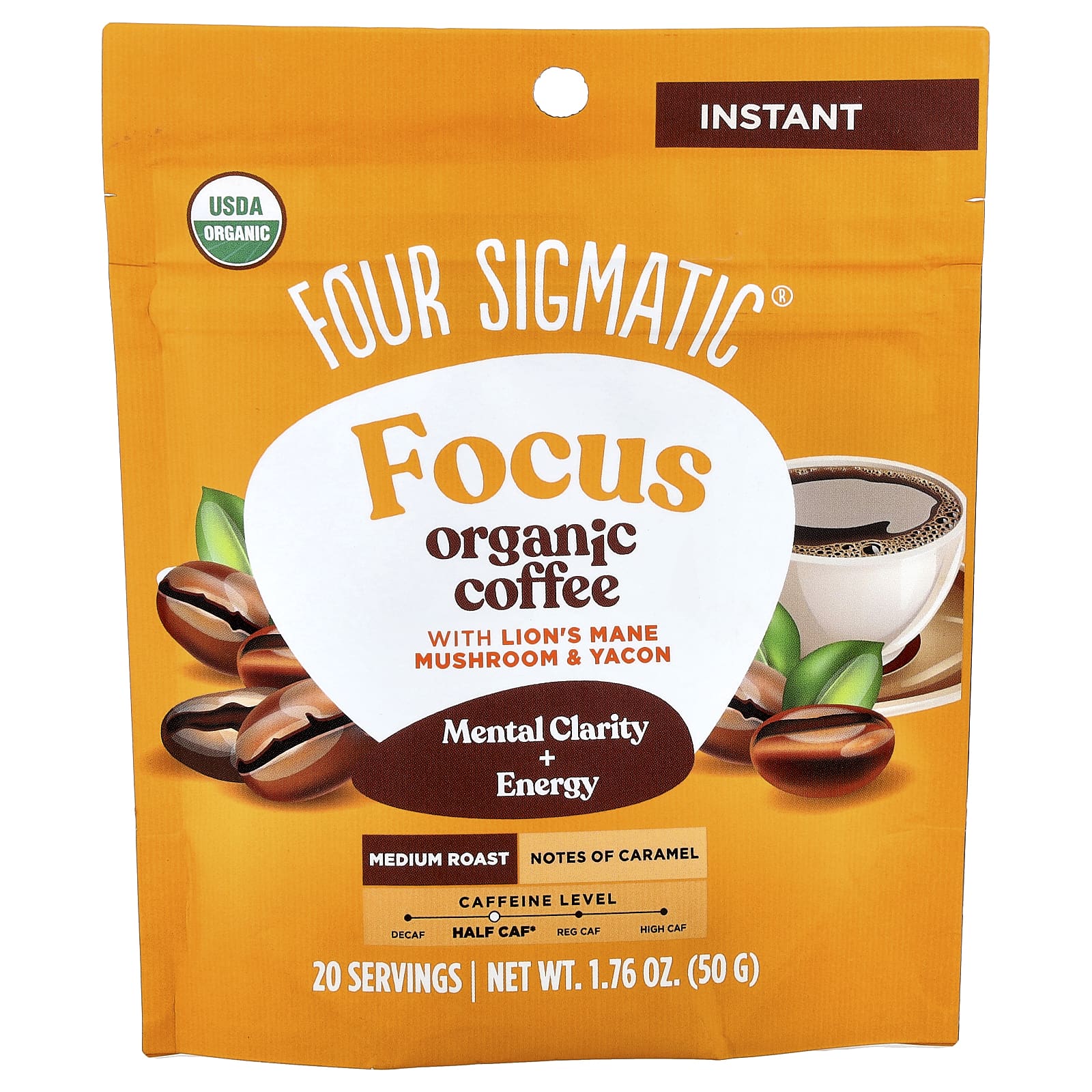 

Four Sigmatic, Focus, Organic Instant Coffee, with Reishi Mushrooms and Yacon, Medium Roast, 50g (1.76oz)