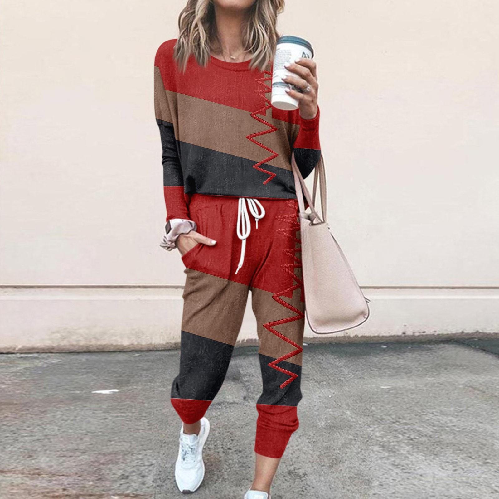 

Наборы для женщин, комплекты из 2 предметов, рубашки с длинными рукавами и круглым вырезом, спортивные штаны на шнурке, карманные комплекты S красный