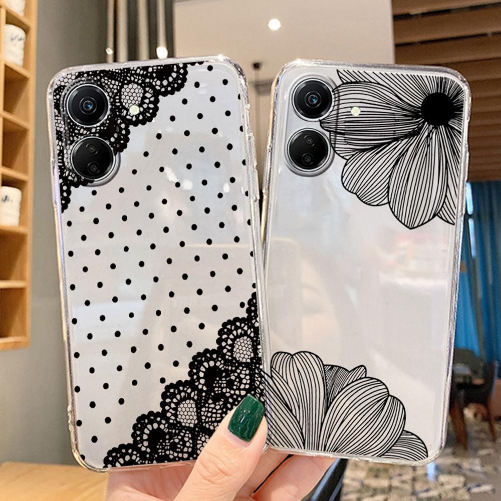 Romantic White Lace Phone Case For Xiaomi Redmi 13C 13 Note 13 12 11 10 8 Pro 10 9C 9A 10C 12C Flower Clear Transparent Cover