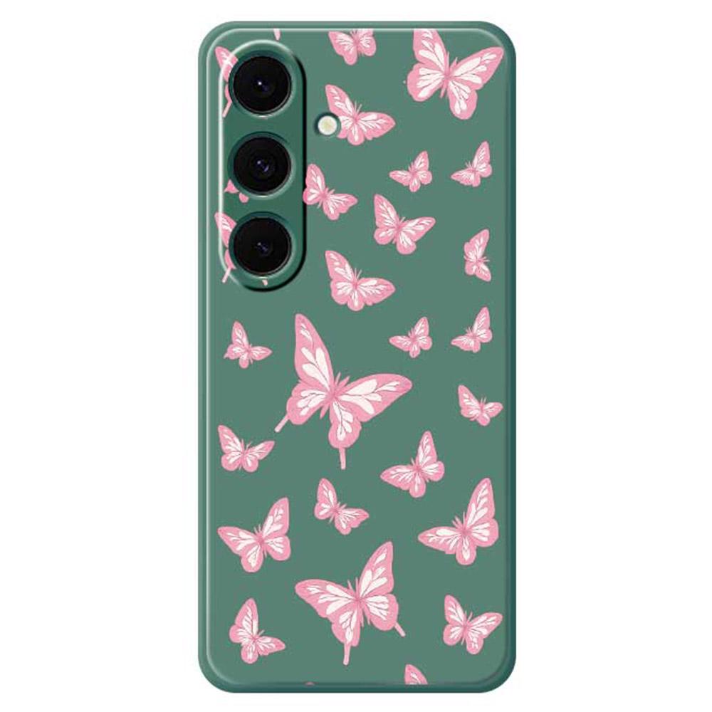 

For Samsung Galaxy S25+ Case Pink Butterflies Pattern Printing Straight Edge TPU Phone Back Cover Green