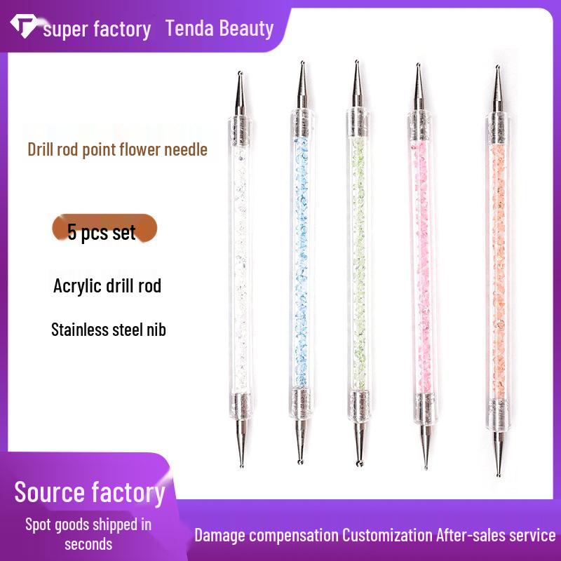 Double-Ended Nail Art Pen Set with 5 Drill Bits and Dotting Needle Beads