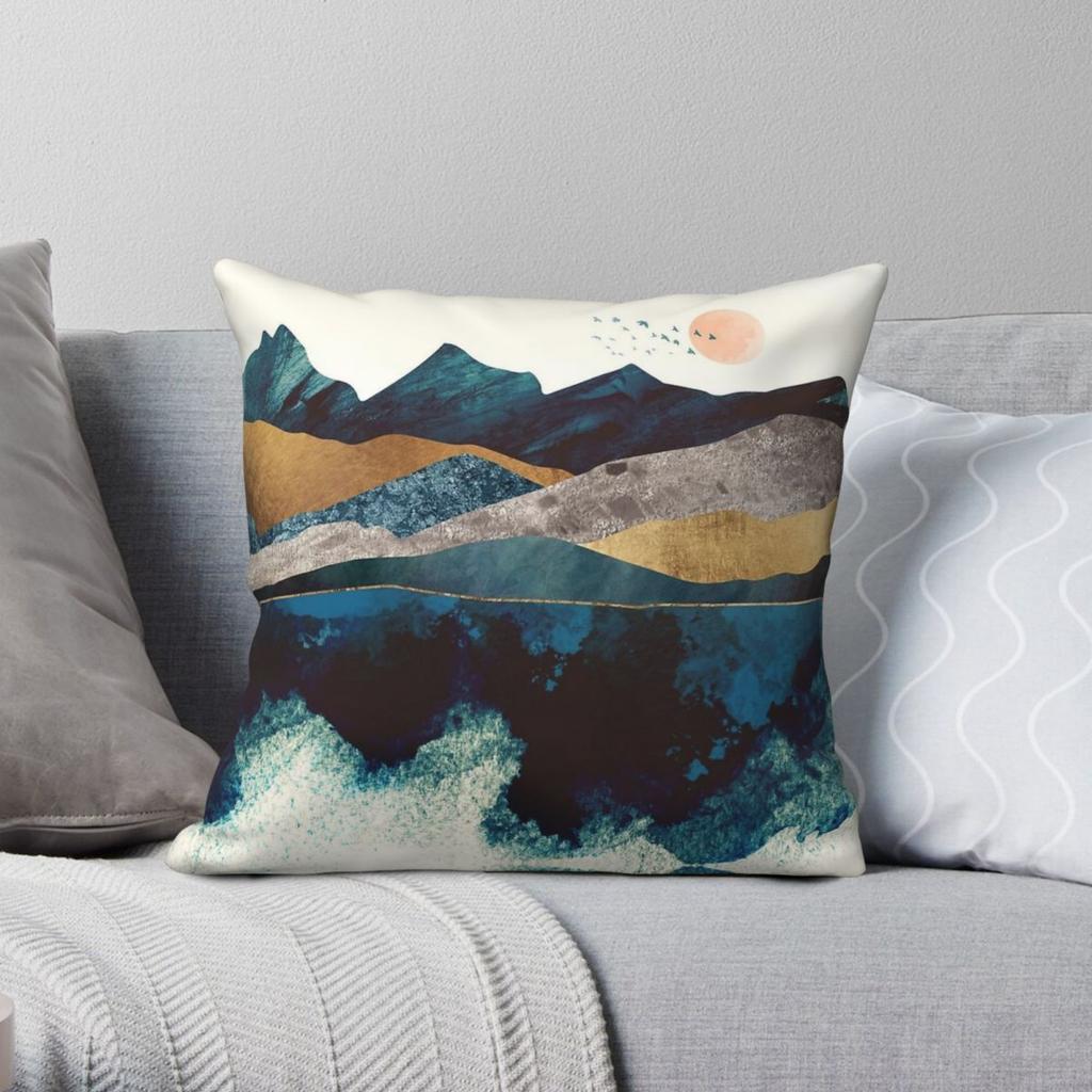Blue Mountain Reflection Square Pillowcase Polyester Linen Velvet Pattern Zip Decor Sofa Cushion Cover x