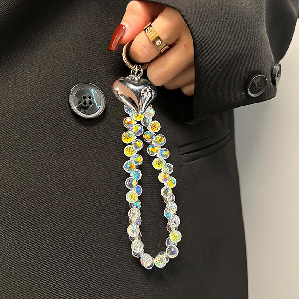 Luxury Bling Crystal Love Heart Pendant Beaded Strap For iPhone Bag Key Bag Girl Phone Chain Bracelet Hanging Ring Cord Jewelry