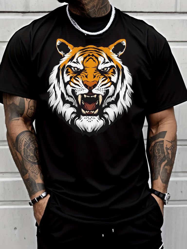 Unisex Summer Crew Neck Short Sleeve T Shirt Ferocious Tiger Head Graphic Print Casual Loose Streetwear Daily Fashion Tops For Unisex