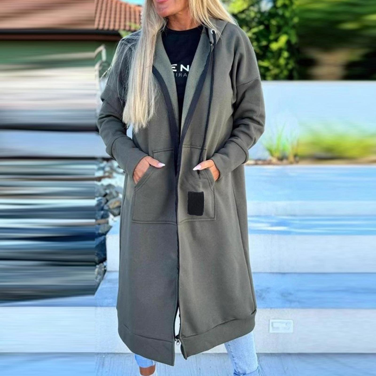 

Женская модная куртка Повседневный однотонный кардиган с длинными рукавами Худи Длинное пальто XL