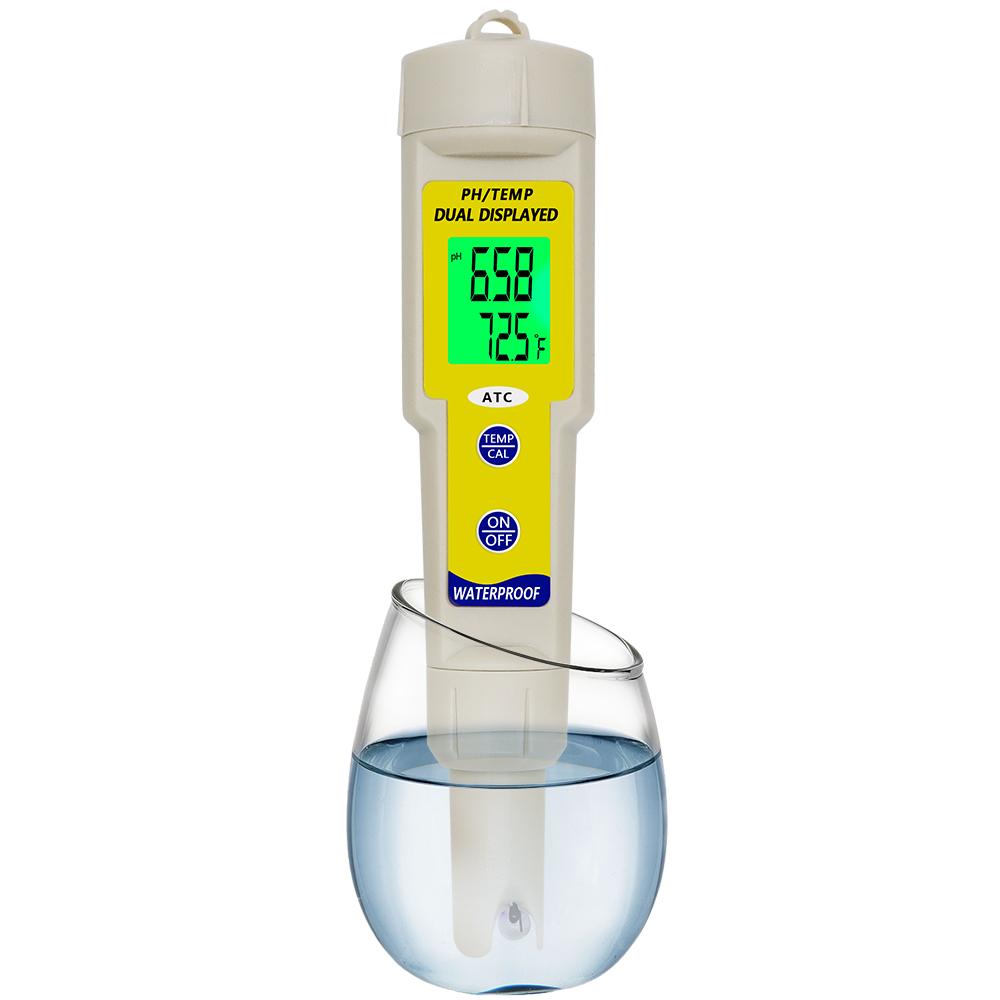 Hochpräzises PH-Meter 2 in 1 Wasserqualitätstester PH-Temp-Detektor ATC Wasserdicht Säuremessgerät PH-Teststift für Aquarium Pool
