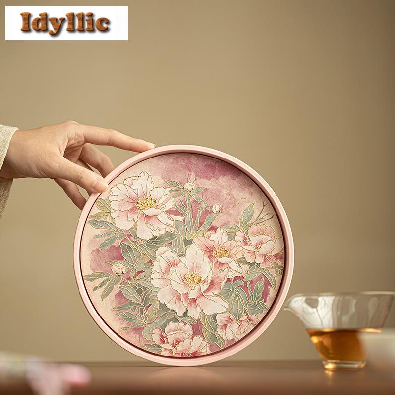 Embossed Gold-stamped Peony Tea Tray Cake Rack Coffee Storage Board Teapot Stove Insulation Dishes For Serving Chinese Tea Set