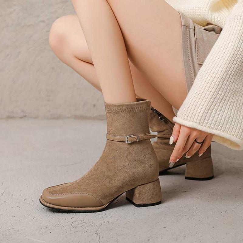 Korean version of mid-heel side zipper Martin boots women's rubber sole square head leather boots square heel solid color autumn and winter la