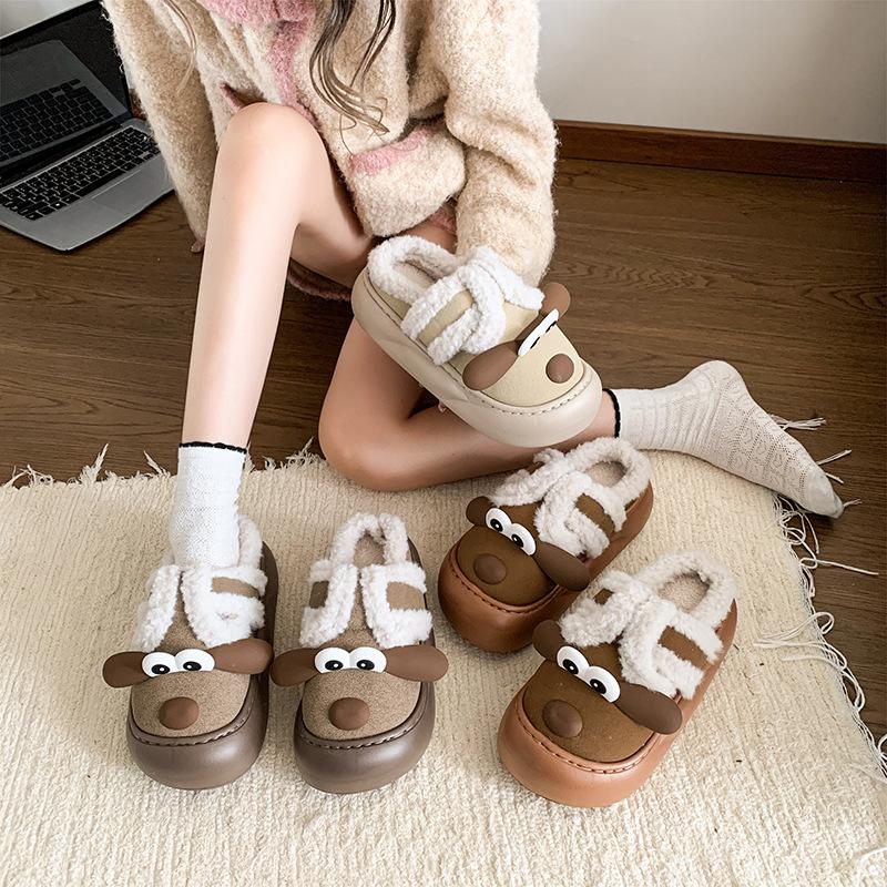 Dámské roztomilé kreslené plyšové pantofle - Teplé a hřejivé bavlněné zimní domácí pantofle na pult pro dívky, sladké silné dno, plyšové ležérní vnitřní boty