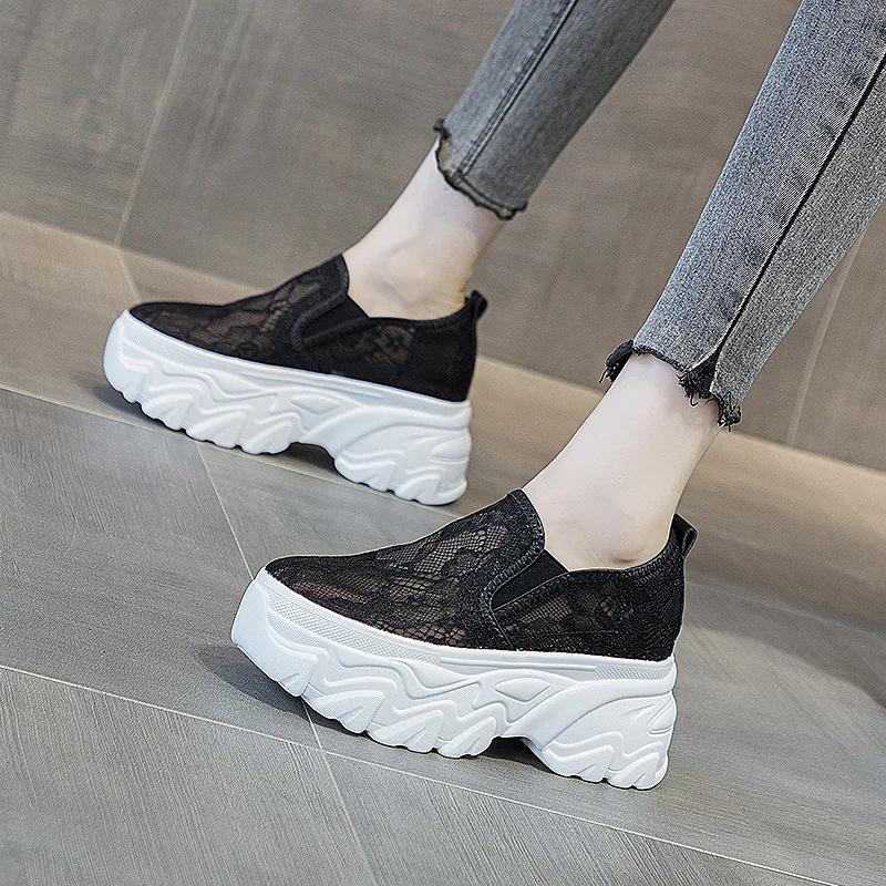 High quality 9cm Air Mesh Lace Platform Wedge Breathable Hollow Women Hidden Heels Sandals Chunky Sneakers Summer Fashion Shoes