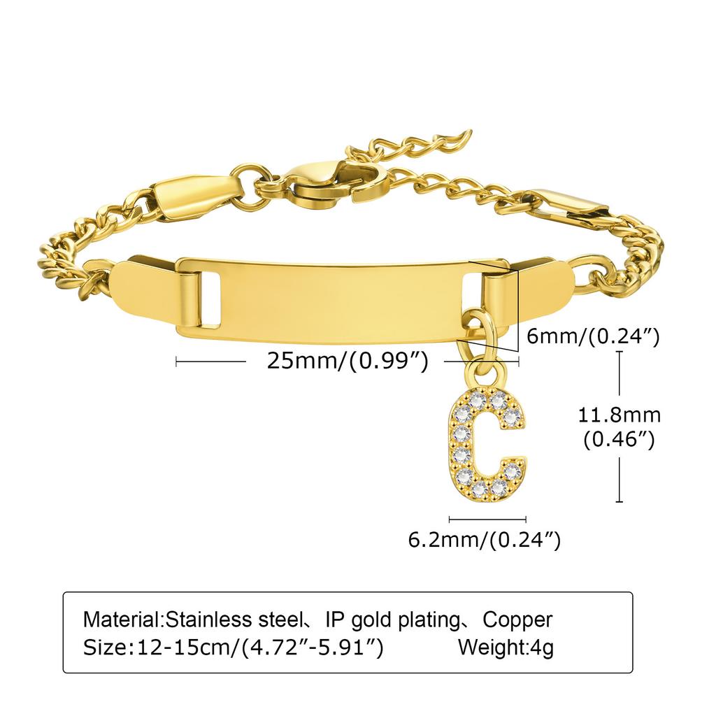 Personalized Initial Letter Stainless Steel Bracelet Custom Engraved Name Bar 18K Gold Plated Waterproof Jewelry for Kid Women
