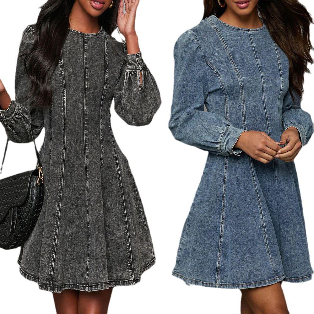 Elegant Autumn Patchwork Waist-Cinching Denim Dress - Long-Sleeved for Women