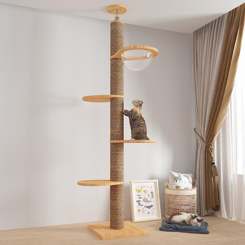 Boden-bis-Decke Katzenkratzbaum mit Raumkapsel & Kratzstamm, Massivholz, Vier Etagen, Katzenkletterspielzeug