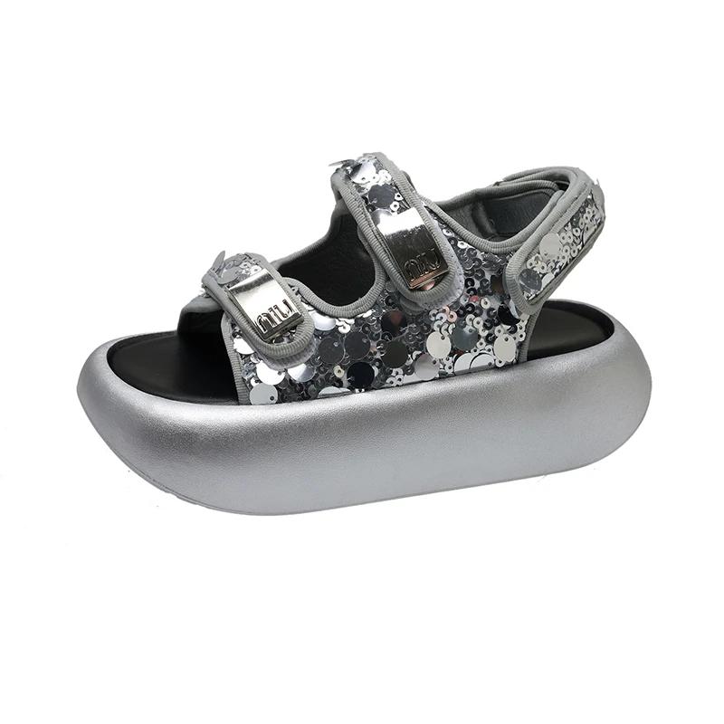 Summer Women's Sequin Sandals Convenient Velcro Muffin Thick Bottom Open Toe One Buckle Strap Sport Sandals Casual Beach Shoes