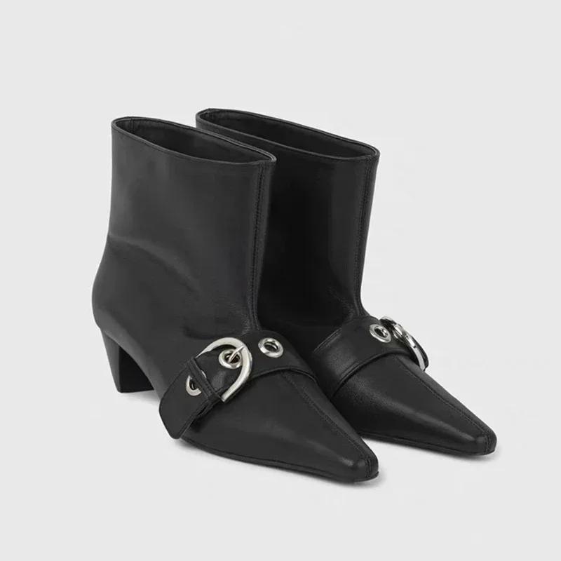 Fashion Fashion Snap Pointed Toe Low Heel Booties Women Spring and Autumn New Outside Wear Metal Buckle Sleeve Single Boots