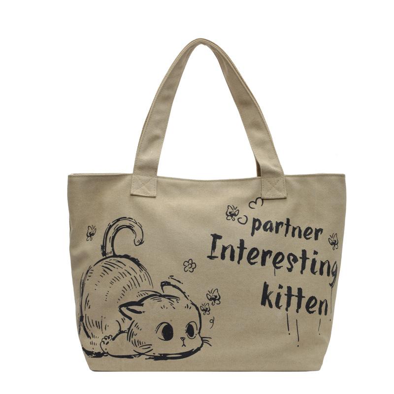 Cartoon Letter Cat Canvas Bag Women's 2025 Autumn and Winter New Large-capacity Shoulder Bag Versatile Tote Bag