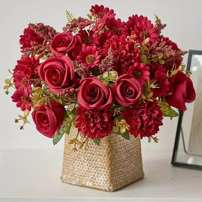 Artificial Rose Flower Bouquet Realistic Mixed Faux Rose Dahlia Chrysanthemum Ball Flower for Wedding Bridal Bouquets Table Centerpieces Baby Shower