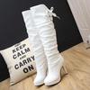 New Women's Shoes High Heel Thick Heel Medium High Tube Rear Lace-up Knight Boots Winter Sexy Black and White Boots