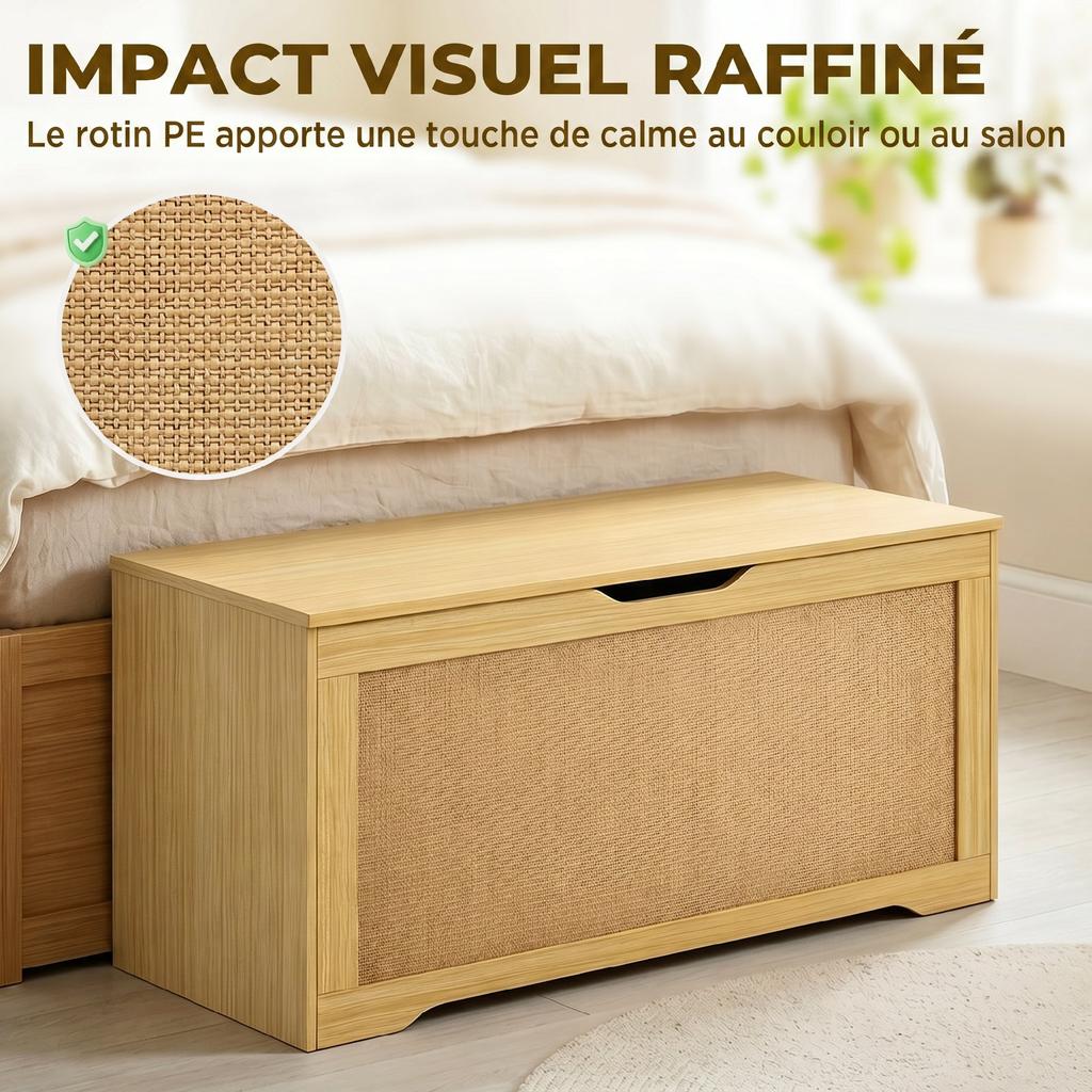 Rattan Storage Chest, 136 L, Storage Bench, Lift-Up Lid, 2 Safety Hinges, Oak