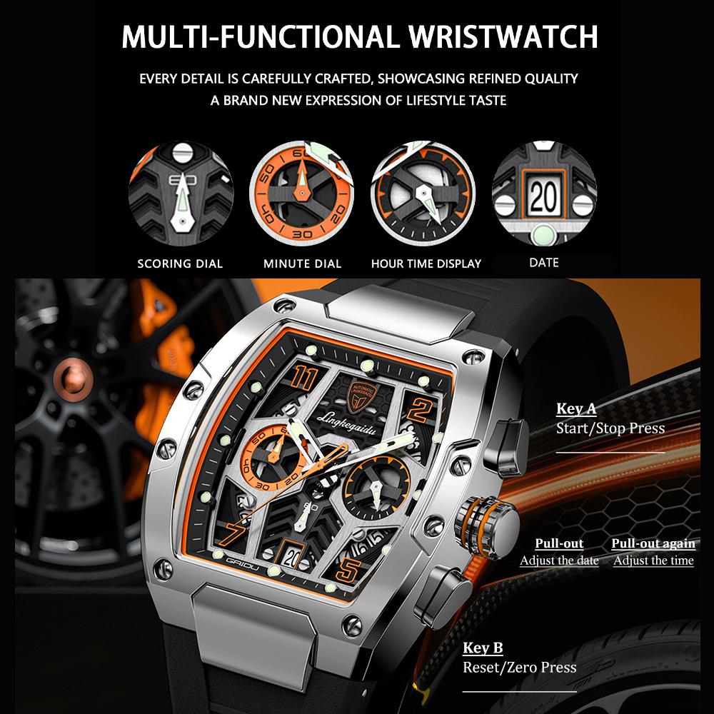 Multifunction Quartz Watches Mens Large Dial Fashion Tonneau Chronograph Watch Sports Silicone Strap,Date,Luminous