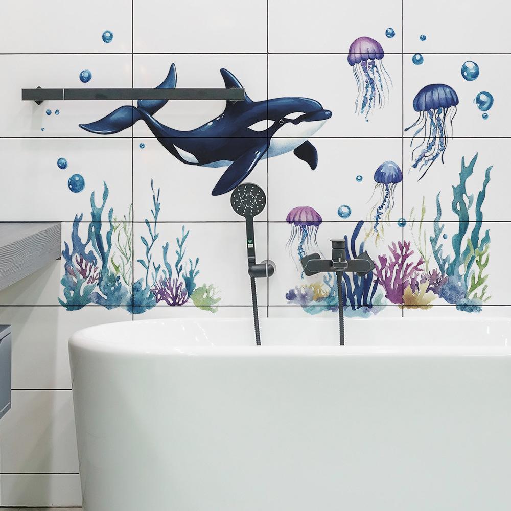 Underwater Whale Seaweed Jellyfish Bathroom Bathtub Wall Sticker Waterproof Home Background Decoration Self-Adhesive