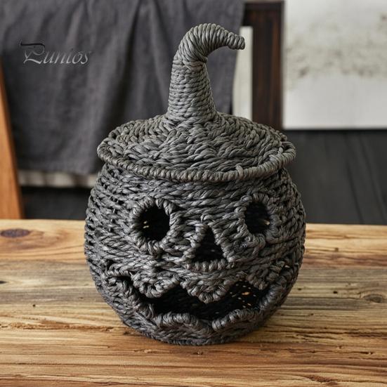 Halloween Candy Holder Handwoven Pumpkin Basket, Spooky Storage Basket with Lid, Vintage Wicker Rustic Seagrass Light Up Lantern LED Candle for Table