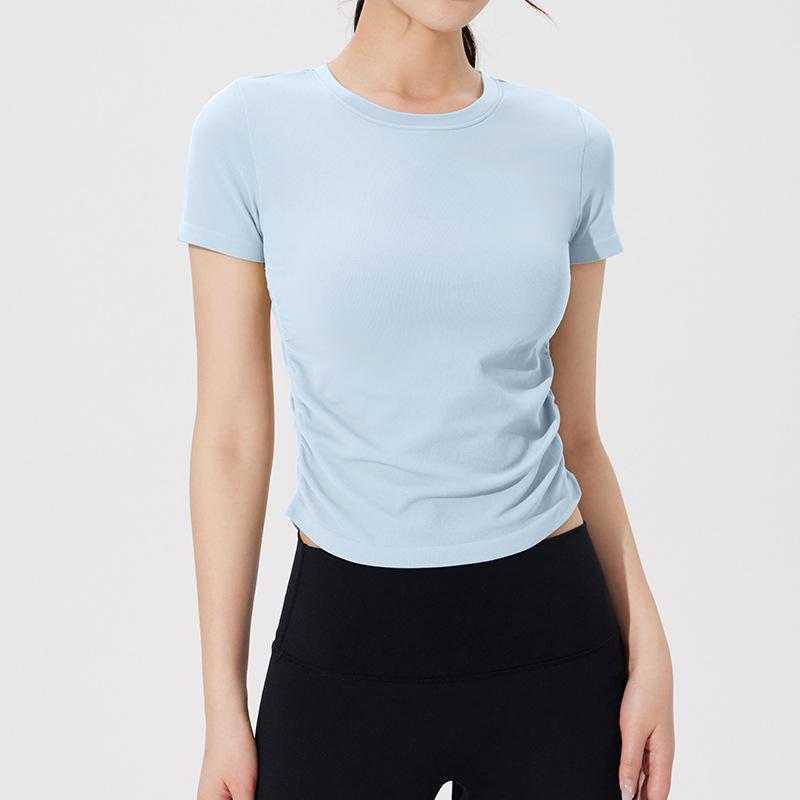 

Женский облегающий топ для йоги с коротким рукавом – Лайкра с охлаждающим эффектом, Присборенная талия, Открытые плечи Large